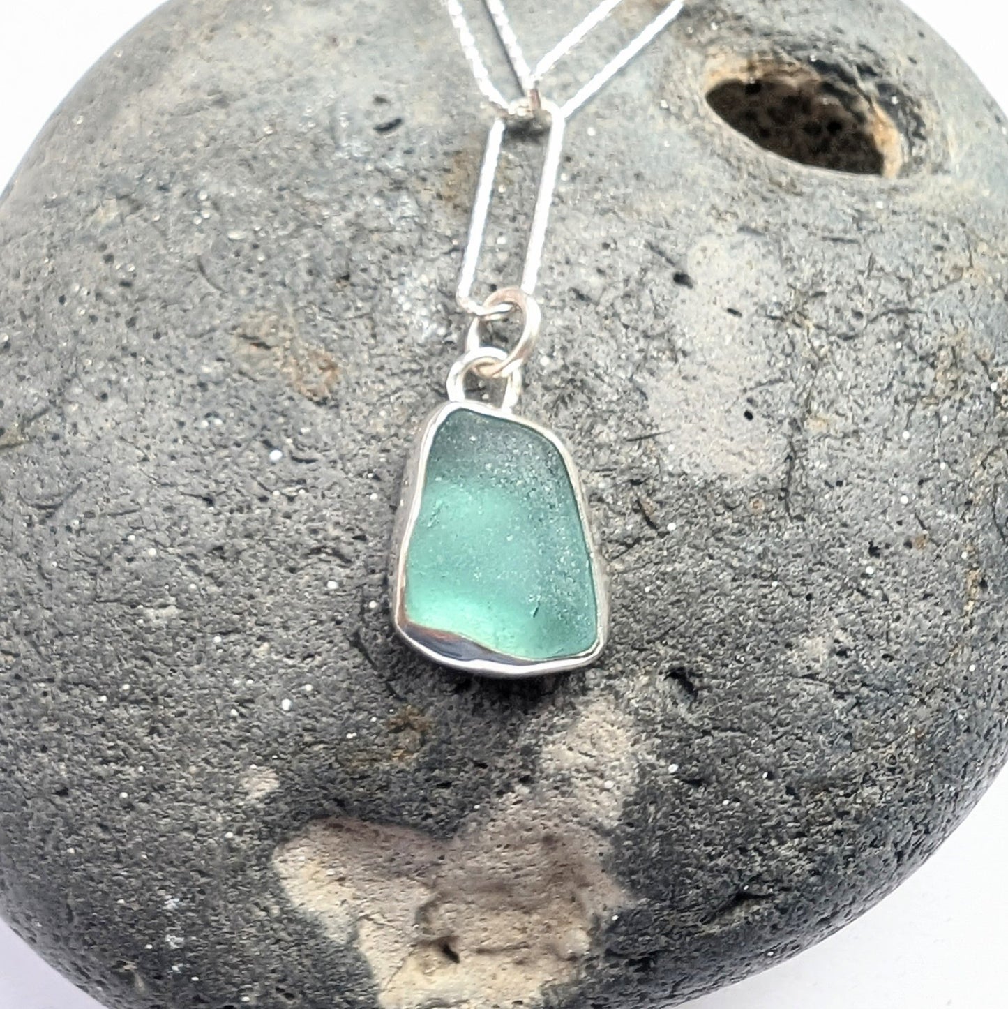 Bright Turquoise Seaglass Pendant on Glitter Texture Paperclip Chain - Not Lost Jewellery