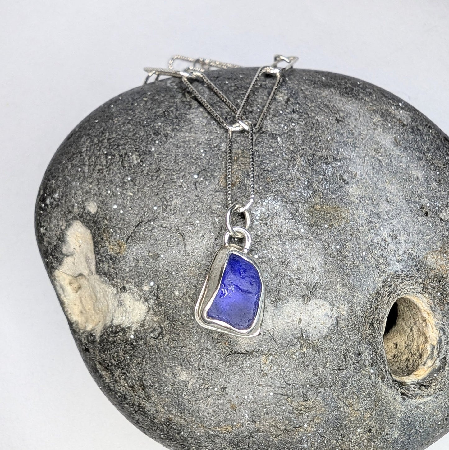 Deep Cobalt Seaglass Pendant on Glitter Texture Paperclip Chain - Not Lost Jewellery