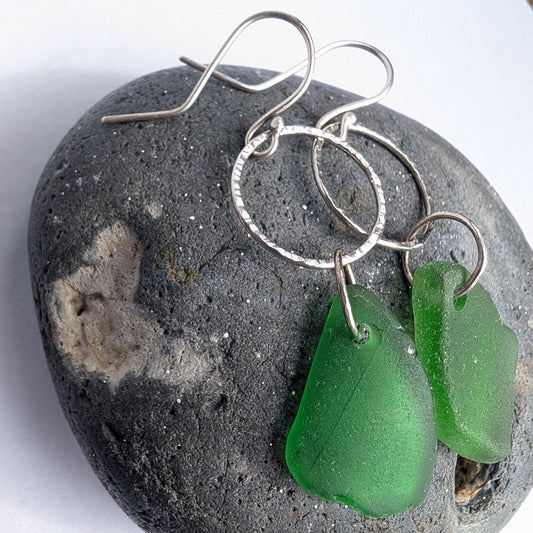 Green Seaglass and Textured Recycled Sterling Silver Dangle Hook Earrings - Not Lost Jewellery