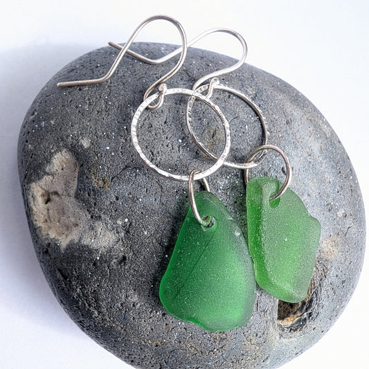 Green Seaglass and Textured Recycled Sterling Silver Dangle Hook Earrings - Not Lost Jewellery
