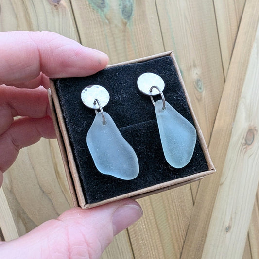 Hammered Sterling Silver Light Seafoam Green Aqua Seaglass Stud Dangle Earrings - Not Lost Jewellery