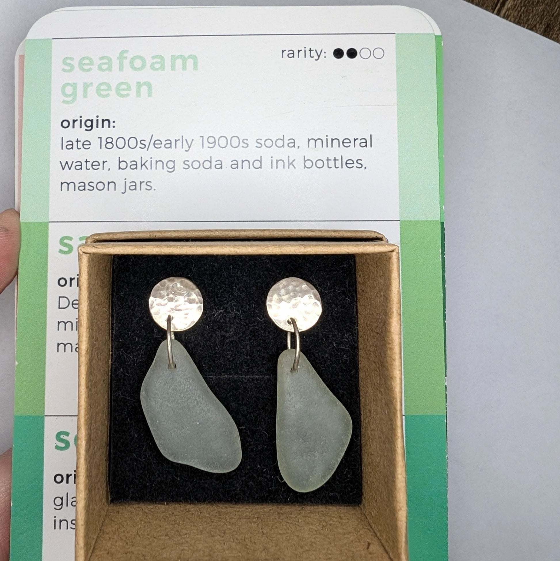 Hammered Sterling Silver Light Seafoam Green Aqua Seaglass Stud Dangle Earrings - Not Lost Jewellery
