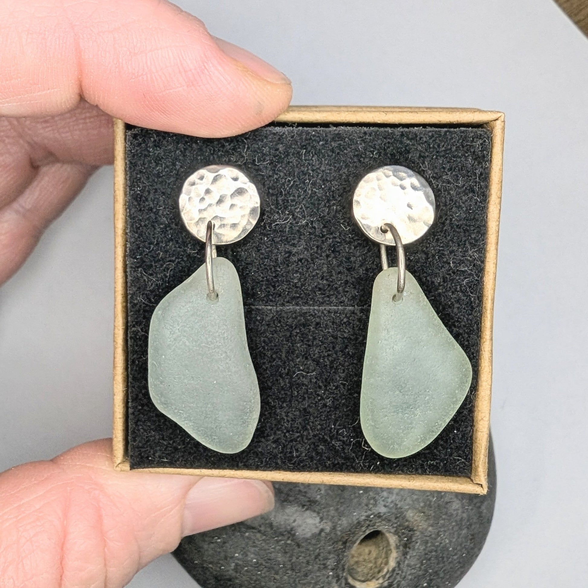 Hammered Sterling Silver Light Seafoam Green Aqua Seaglass Stud Dangle Earrings - Not Lost Jewellery