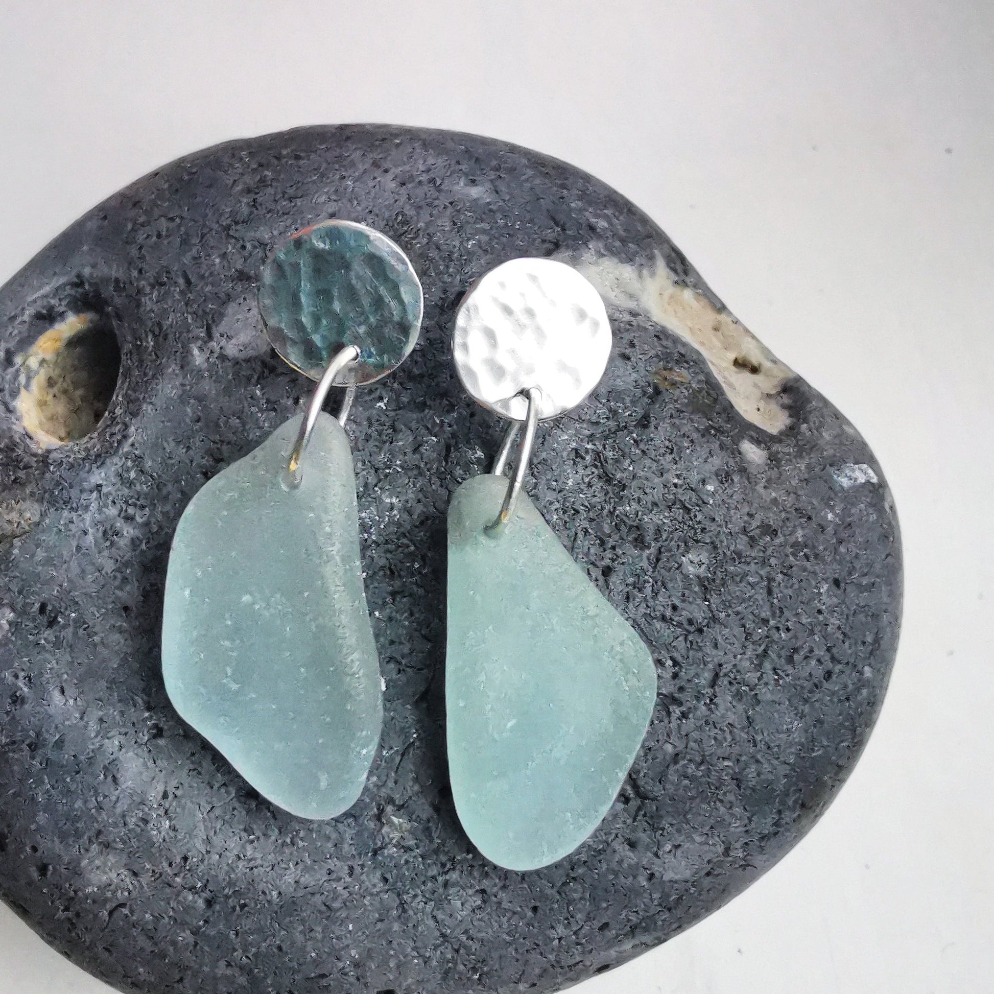 Hammered Sterling Silver Light Seafoam Green Aqua Seaglass Stud Dangle Earrings - Not Lost Jewellery