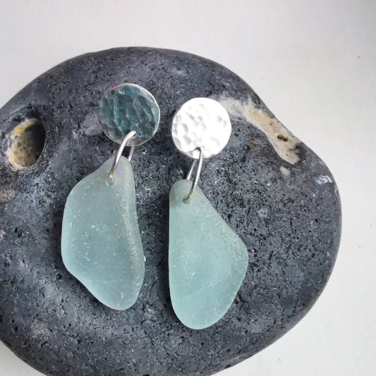 Hammered Sterling Silver Light Seafoam Green Aqua Seaglass Stud Dangle Earrings - Not Lost Jewellery