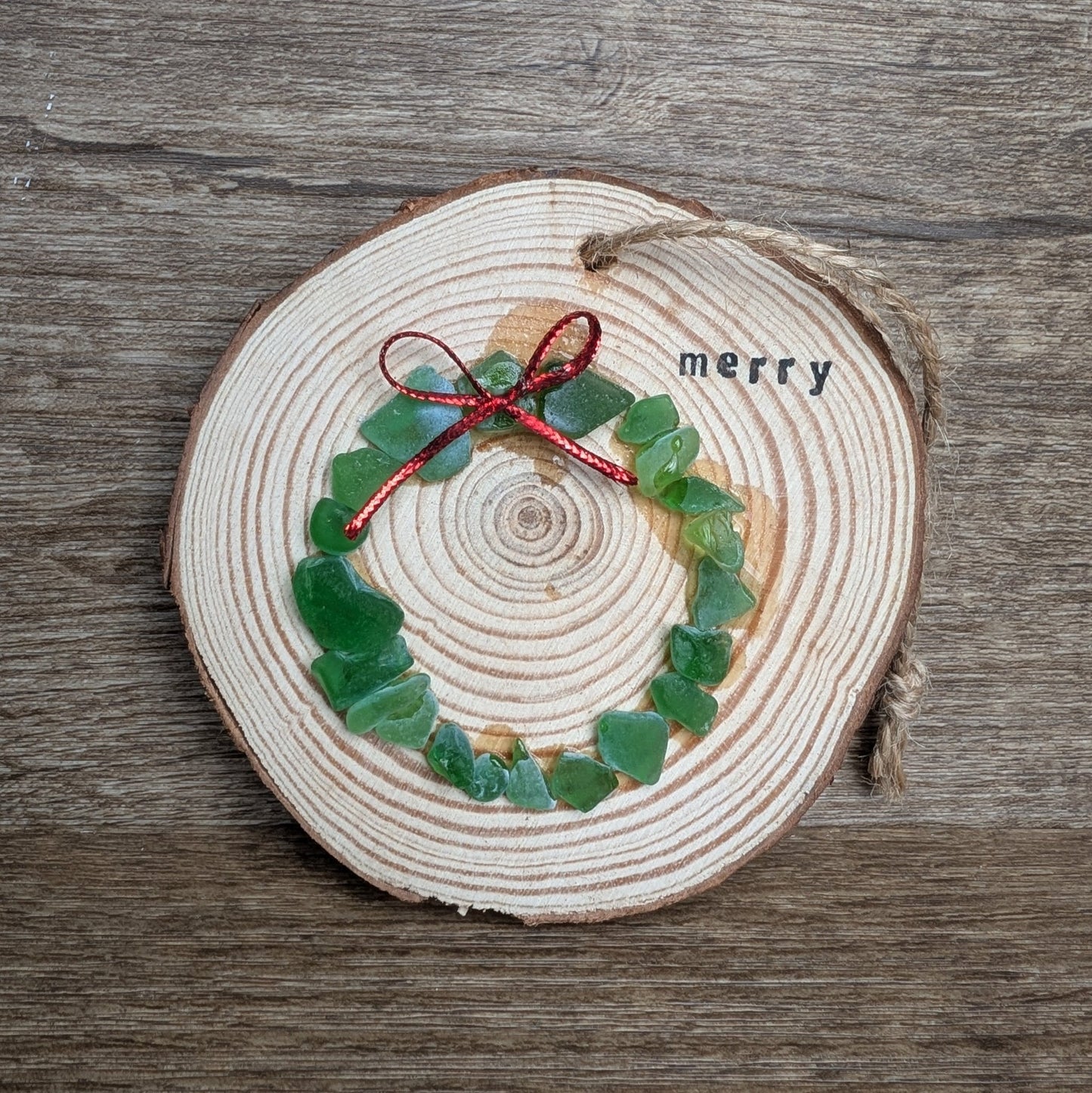 Hanging Wooden Christmas Decoration - Large Merry Seaglass Wreath - Not Lost Jewellery