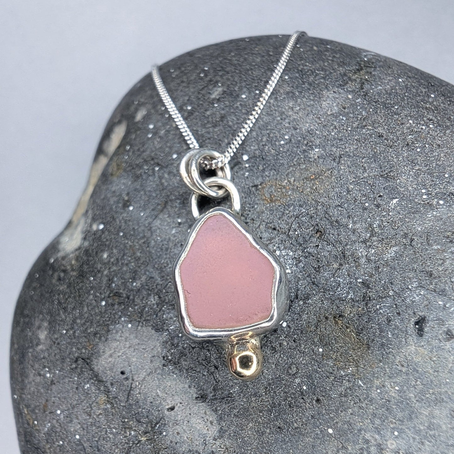 Pink Milk Seaglass Recycled Silver Necklace with 9ct Gold Detail - Not Lost Jewellery