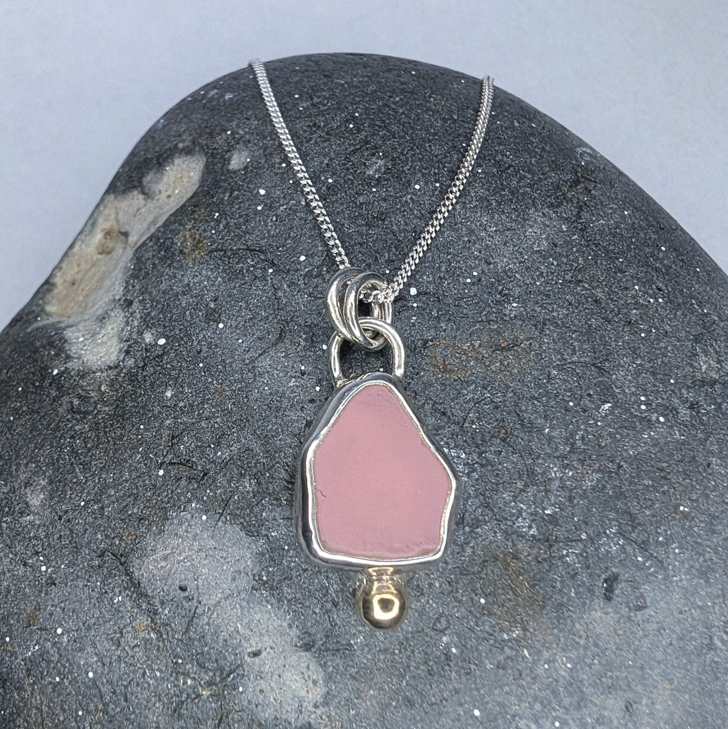 Pink Milk Seaglass Recycled Silver Necklace with 9ct Gold Detail - Not Lost Jewellery