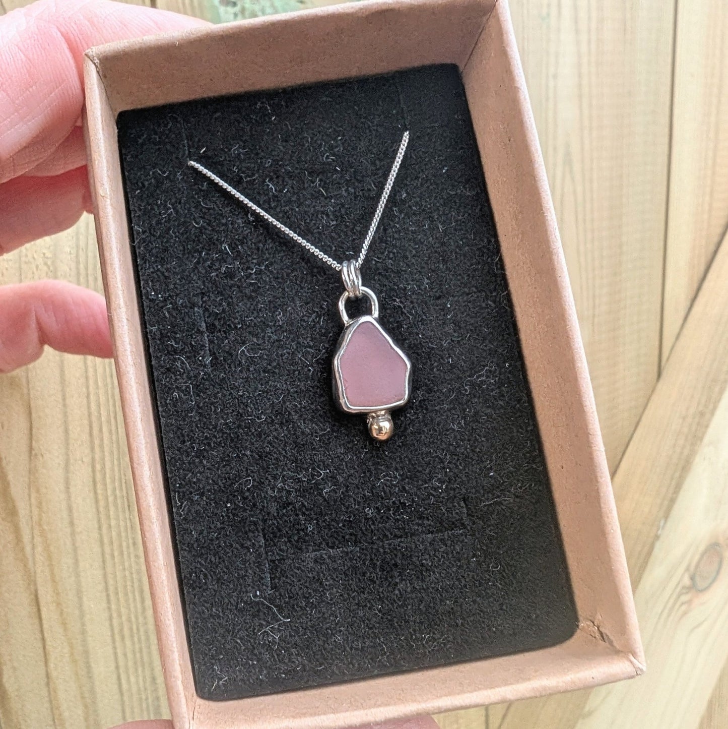 Pink Milk Seaglass Recycled Silver Necklace with 9ct Gold Detail - Not Lost Jewellery
