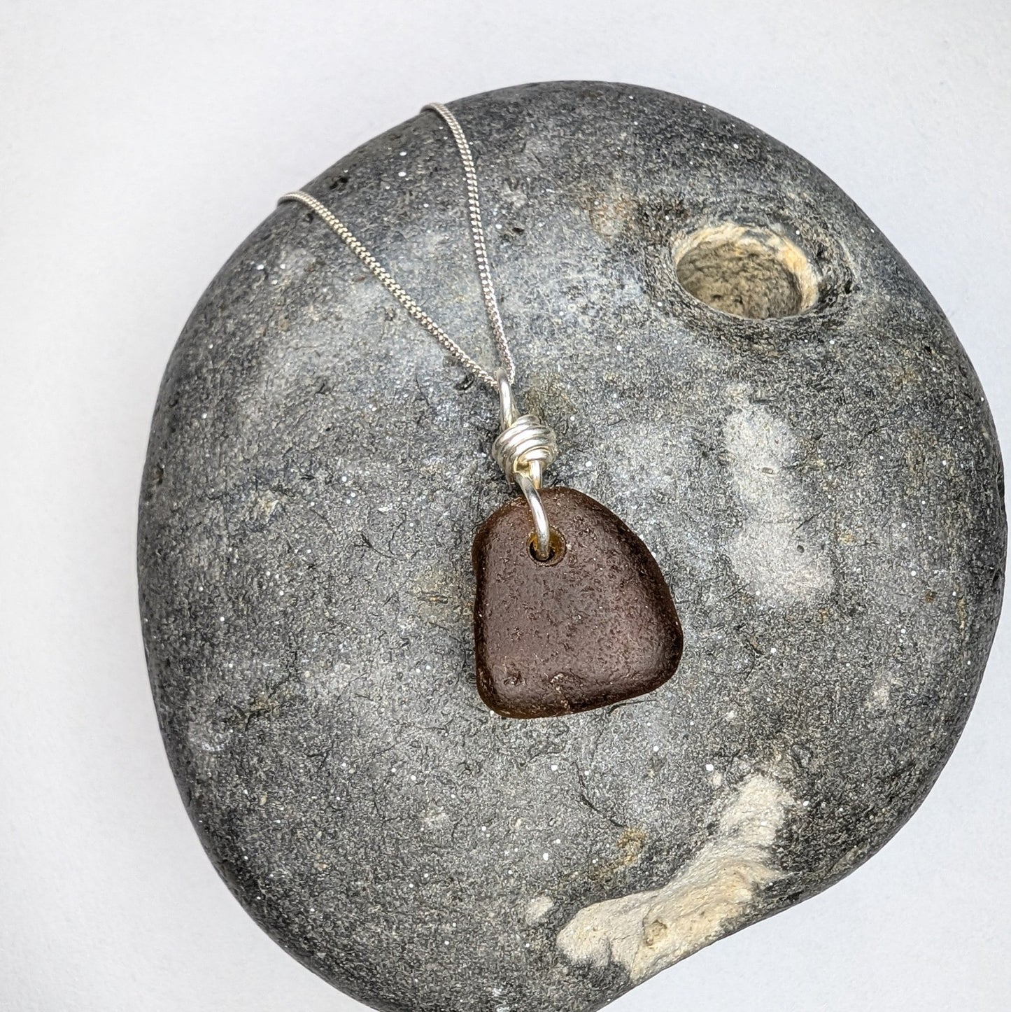 Recycled Silver Wire Wrapped Dark Amber Seaglass Pendant Necklace - Not Lost Jewellery