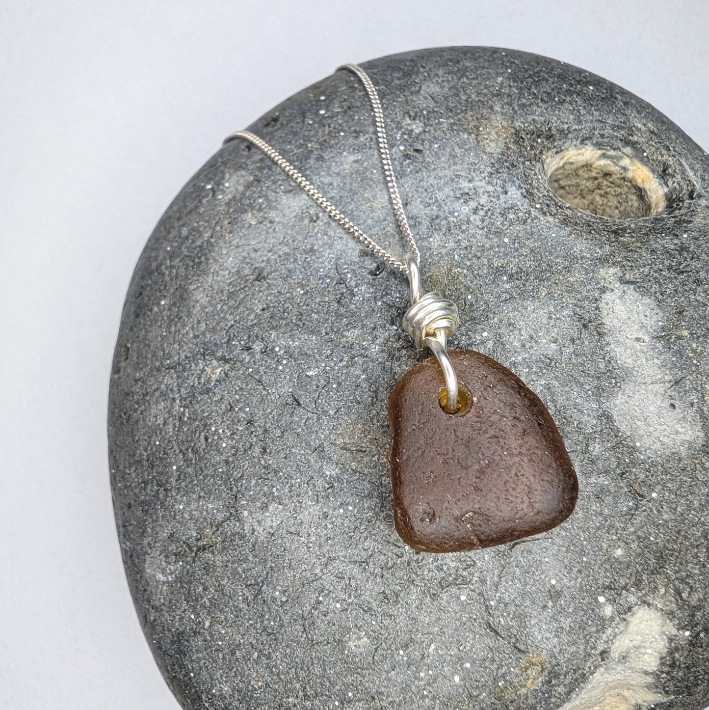 Recycled Silver Wire Wrapped Dark Amber Seaglass Pendant Necklace - Not Lost Jewellery