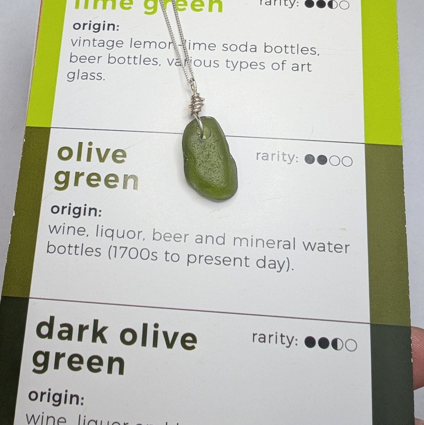 Recycled Silver Wire Wrapped Olive Green Seaglass Pendant Necklace - Not Lost Jewellery