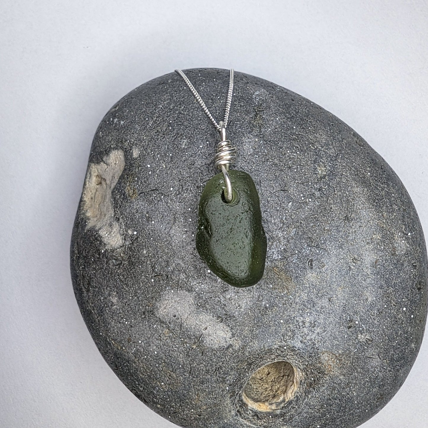 Recycled Silver Wire Wrapped Olive Green Seaglass Pendant Necklace - Not Lost Jewellery