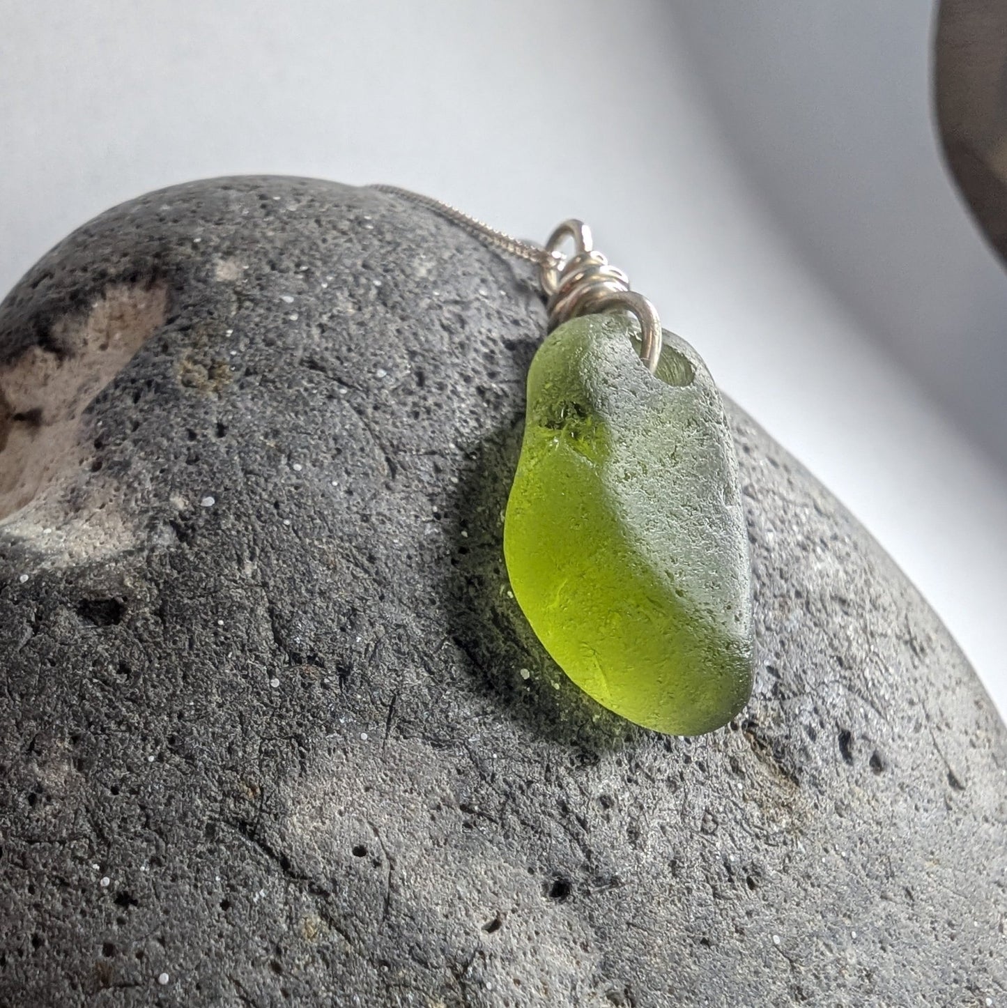 Recycled Silver Wire Wrapped Olive Green Seaglass Pendant Necklace - Not Lost Jewellery