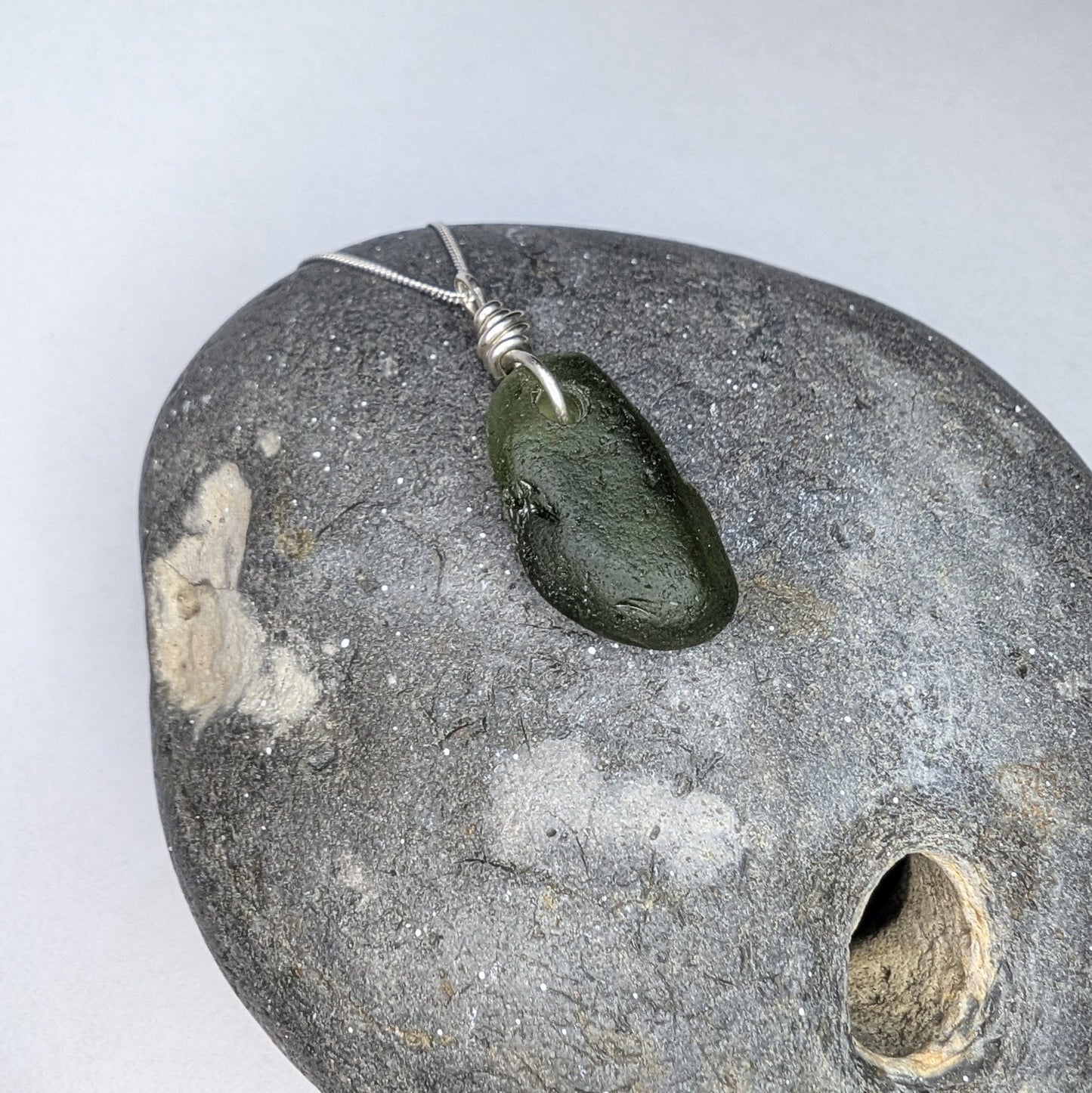 Recycled Silver Wire Wrapped Olive Green Seaglass Pendant Necklace - Not Lost Jewellery