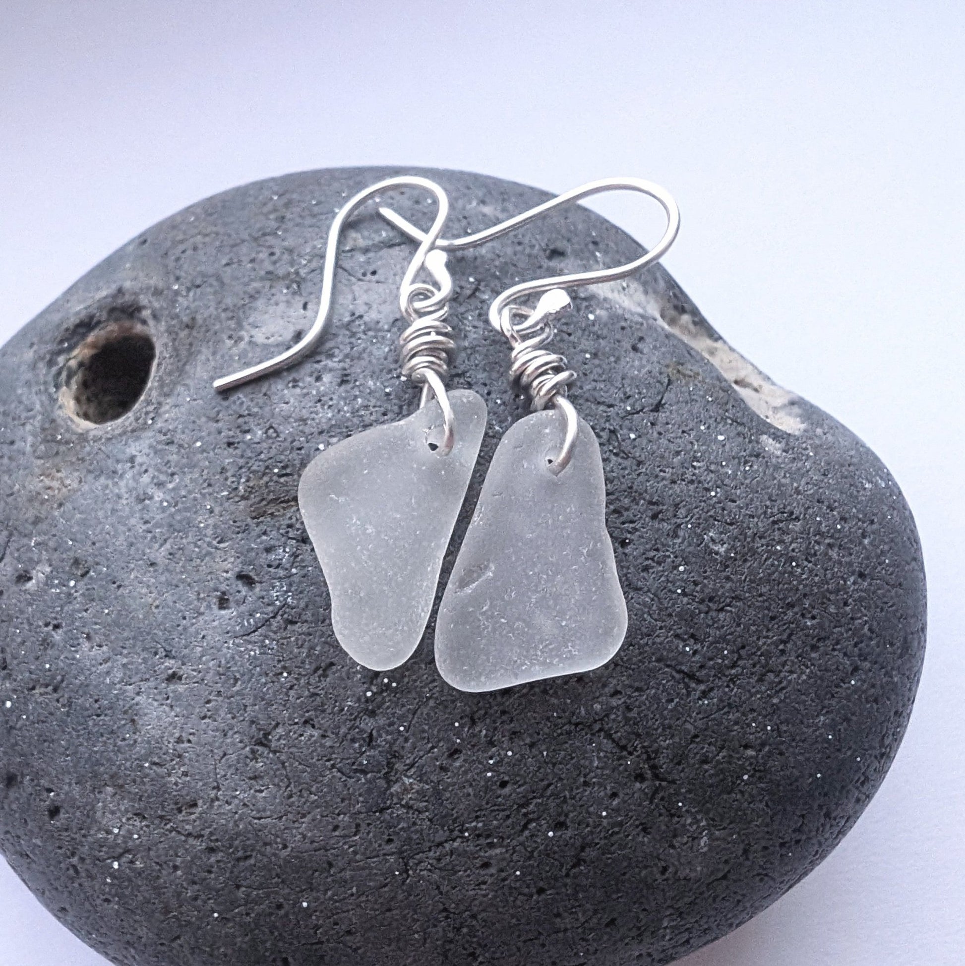 Recycled Sterling Silver Wire Wrapped White/Clear Seaglass Dangle Hook Earrings - Not Lost Jewellery