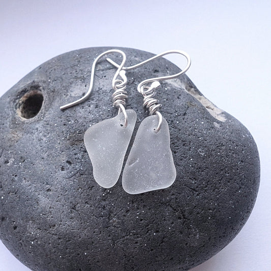Recycled Sterling Silver Wire Wrapped White/Clear Seaglass Dangle Hook Earrings - Not Lost Jewellery