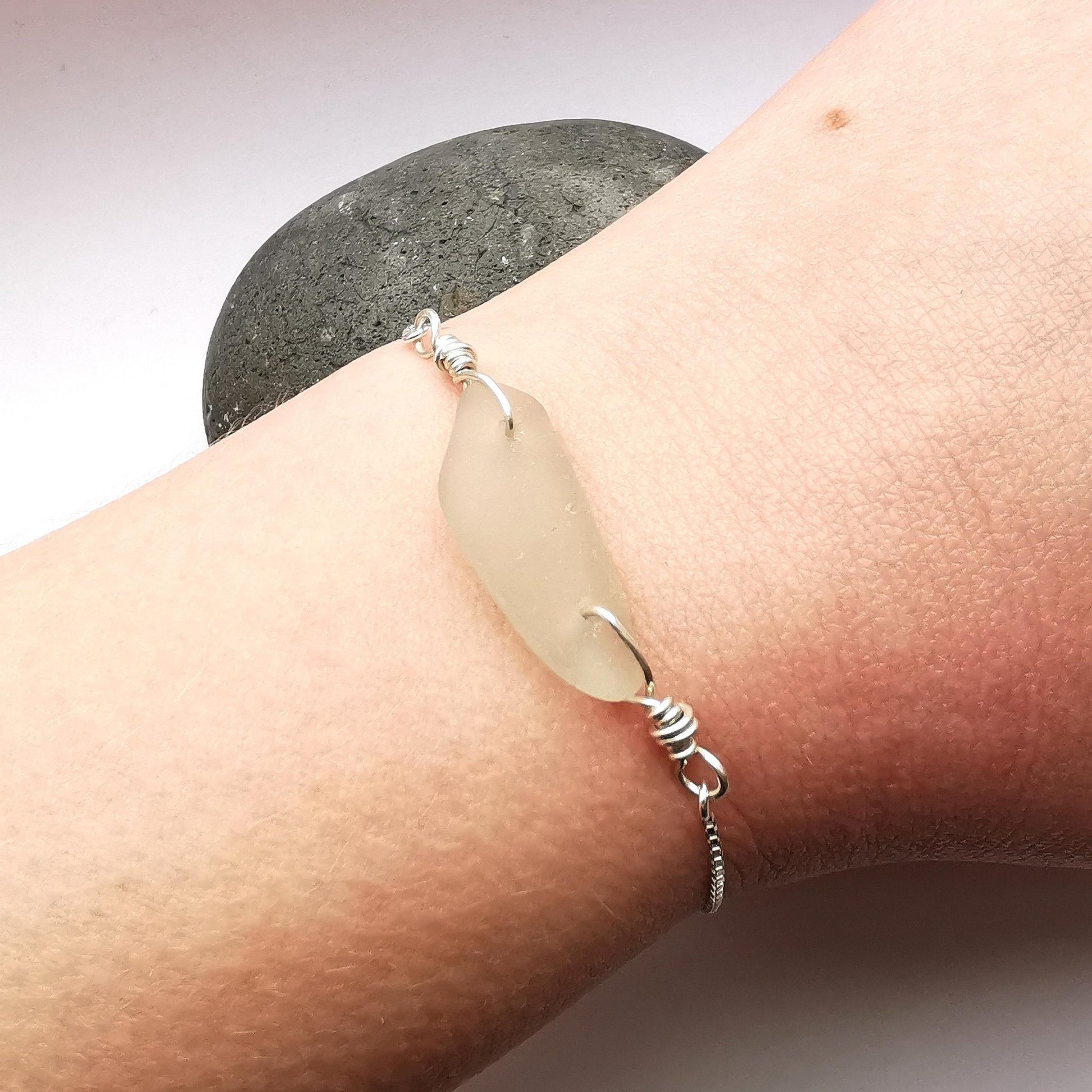 Clear Seaglass & Recycled Silver Adjustable Bracelet - Not Lost Jewellery