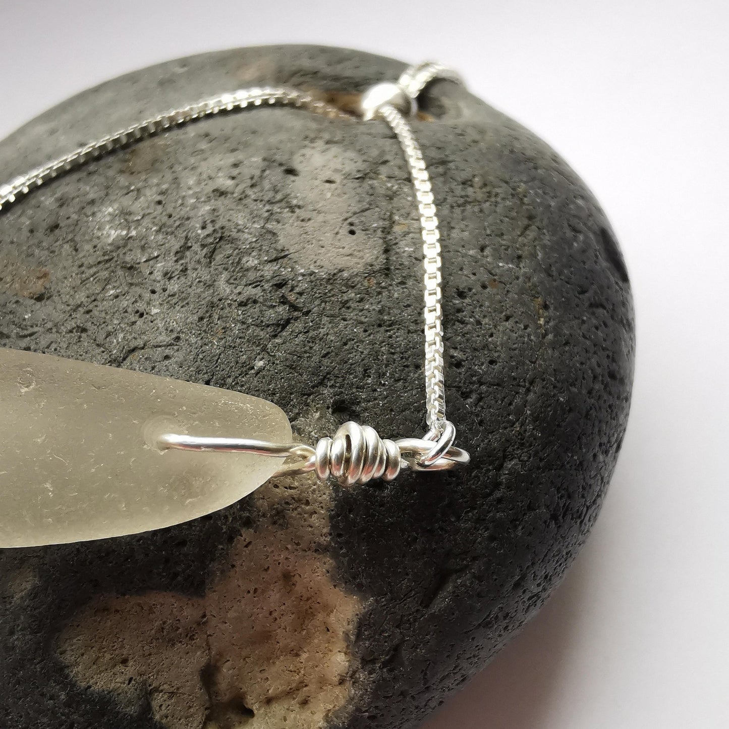 Clear Seaglass & Recycled Silver Adjustable Bracelet - Not Lost Jewellery