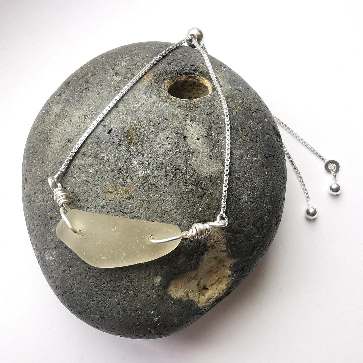 Clear Seaglass & Recycled Silver Adjustable Bracelet - Not Lost Jewellery