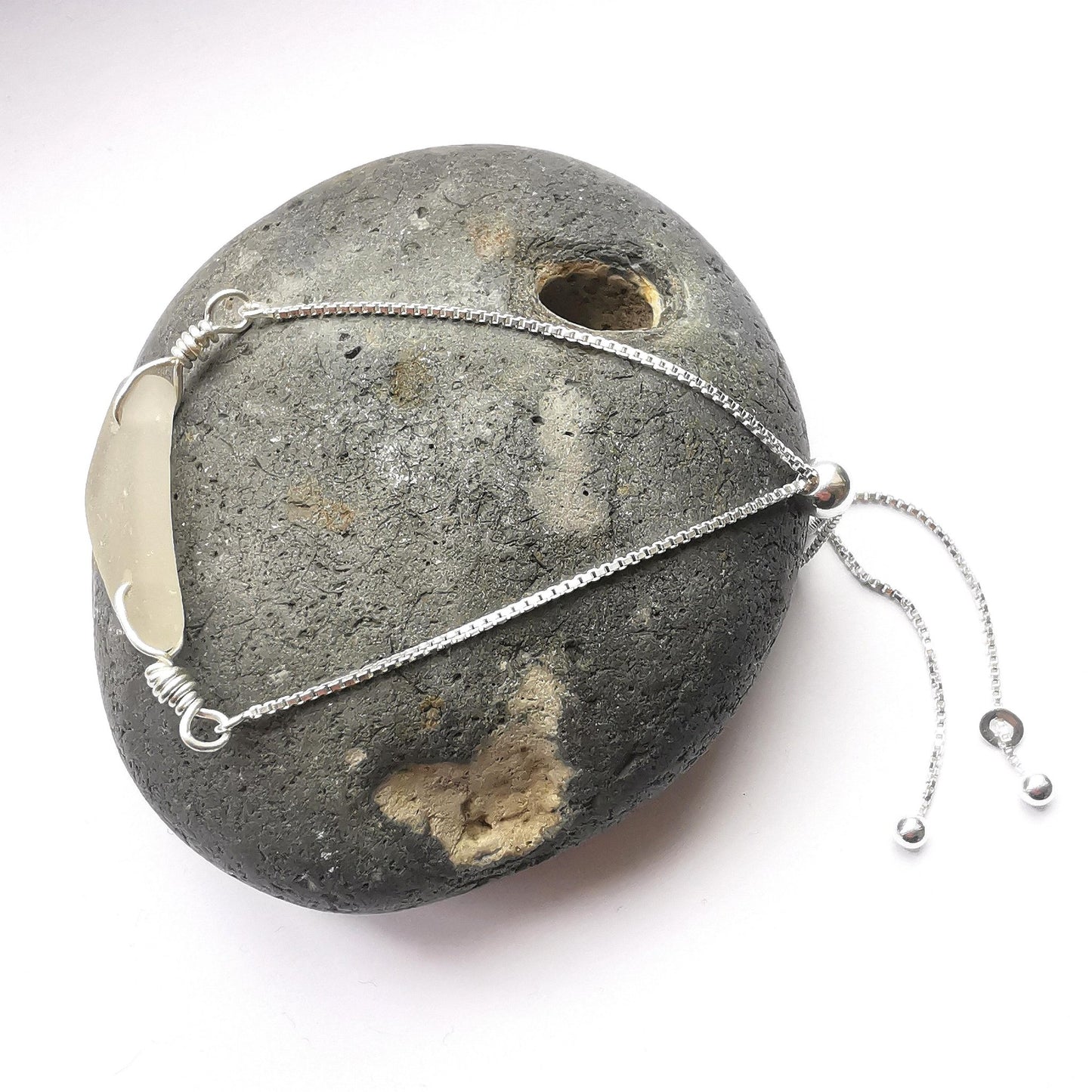 Clear Seaglass & Recycled Silver Adjustable Bracelet - Not Lost Jewellery