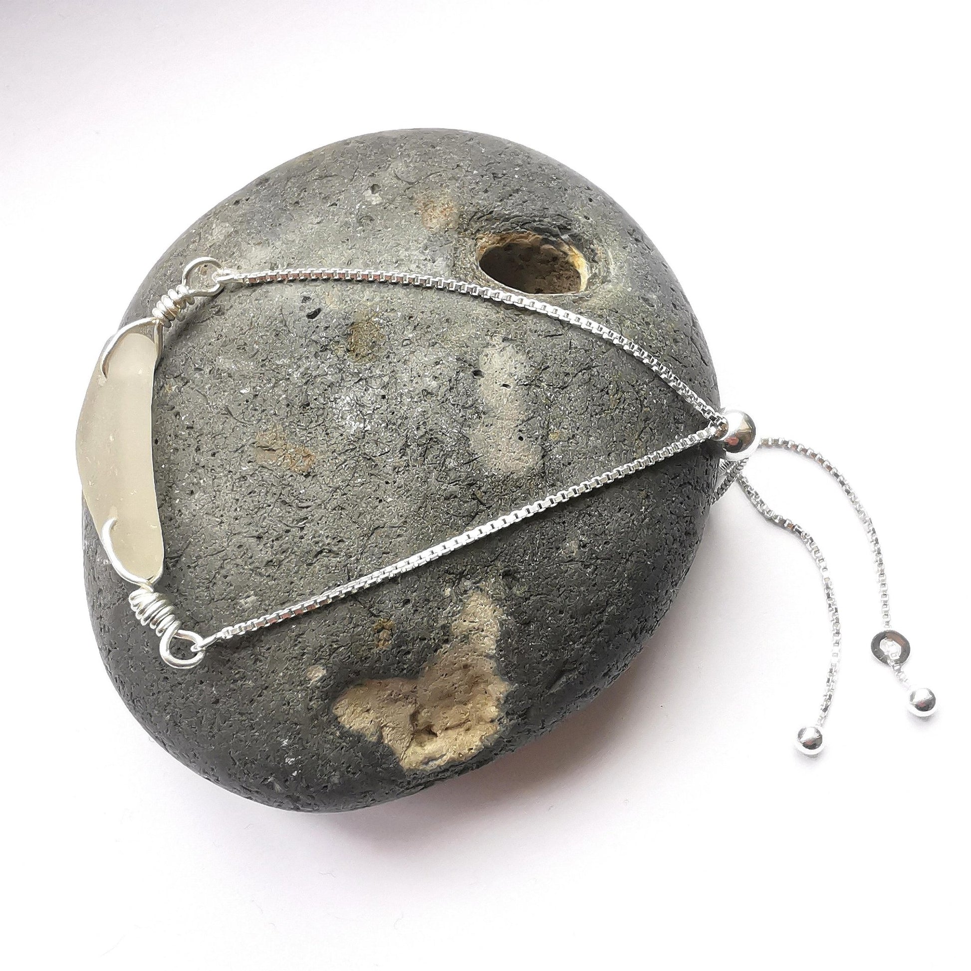 Clear Seaglass & Recycled Silver Adjustable Bracelet - Not Lost Jewellery