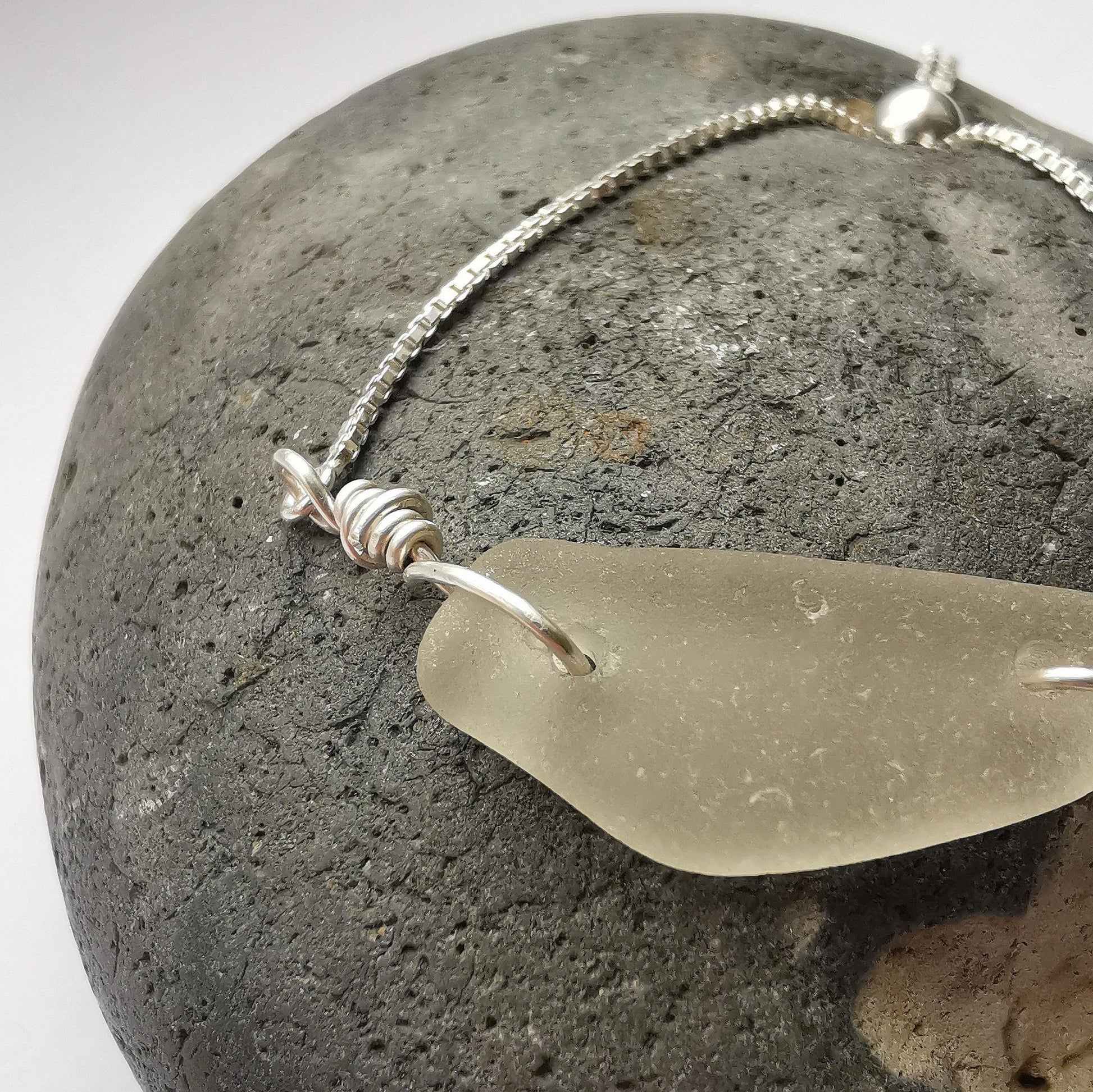 Clear Seaglass & Recycled Silver Adjustable Bracelet - Not Lost Jewellery