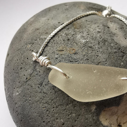 Clear Seaglass & Recycled Silver Adjustable Bracelet - Not Lost Jewellery