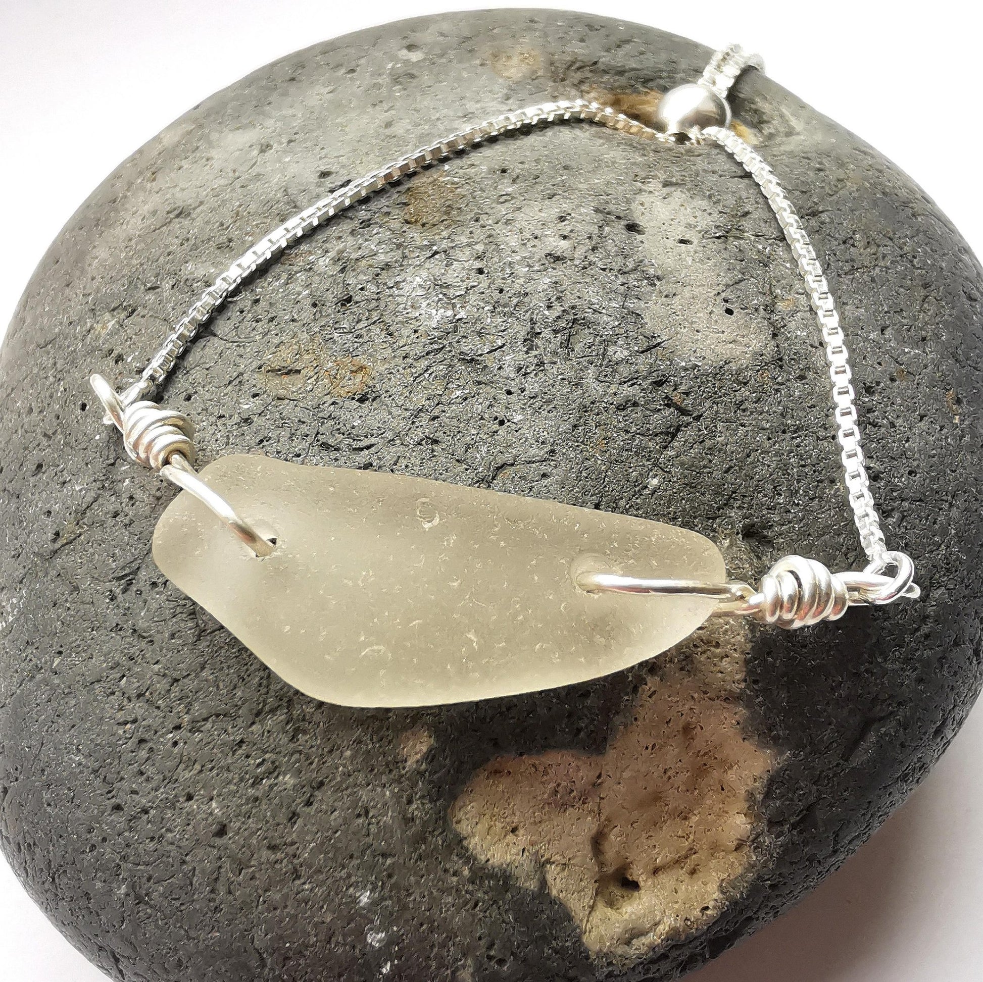 Clear Seaglass & Recycled Silver Adjustable Bracelet - Not Lost Jewellery
