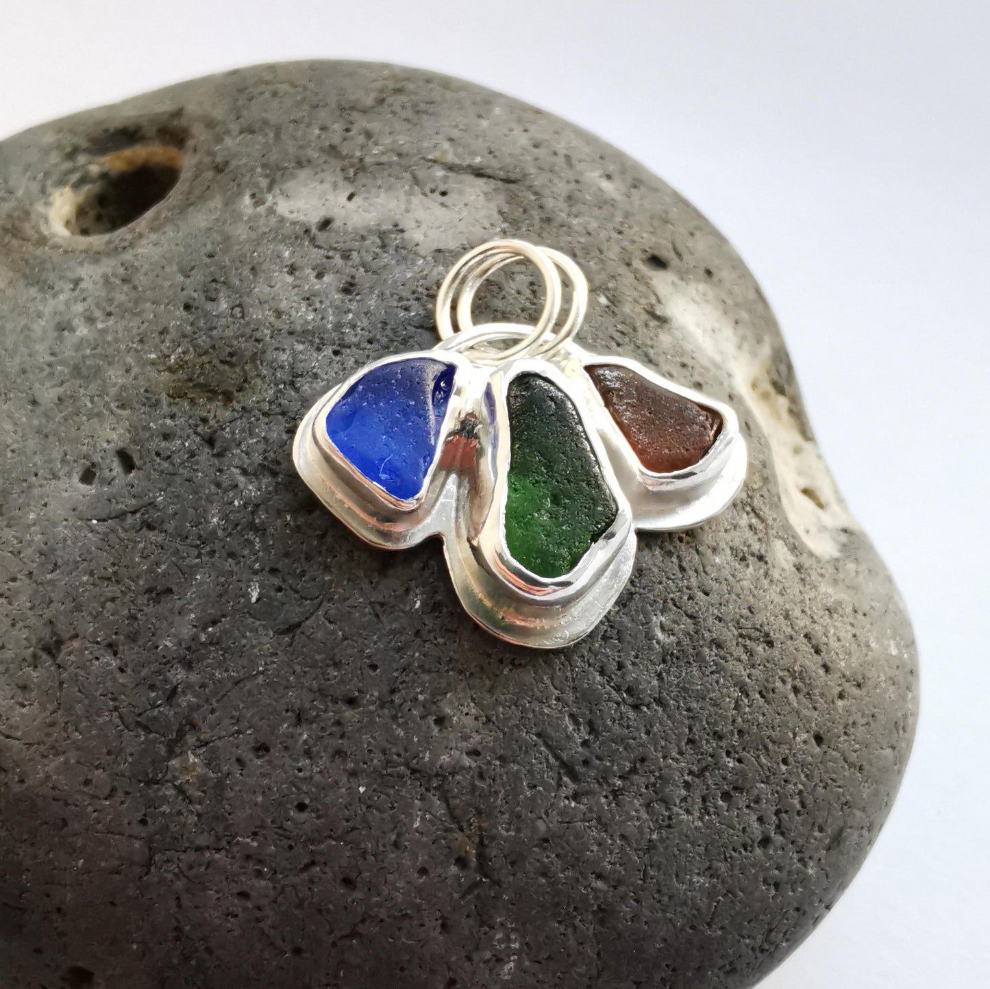 Colbalt, Green & Amber Tri-Colour Seaglass Pendant - Not Lost Jewellery