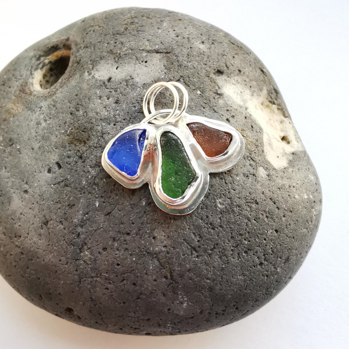 Colbalt, Green & Amber Tri-Colour Seaglass Pendant - Not Lost Jewellery