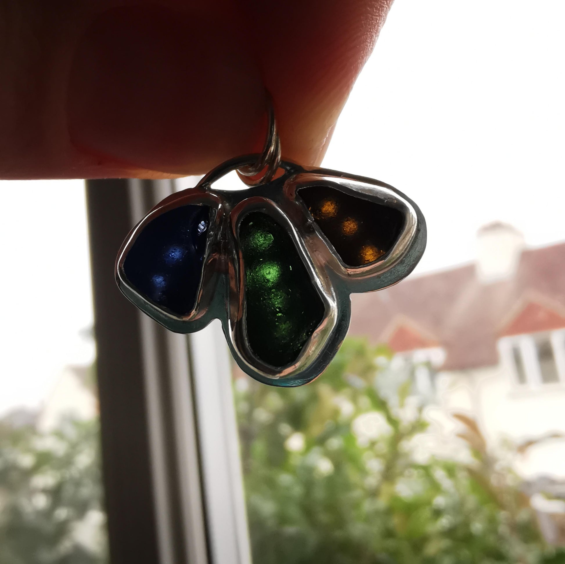 Colbalt, Green & Amber Tri-Colour Seaglass Pendant - Not Lost Jewellery