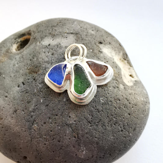 Colbalt, Green & Amber Tri-Colour Seaglass Pendant - Not Lost Jewellery