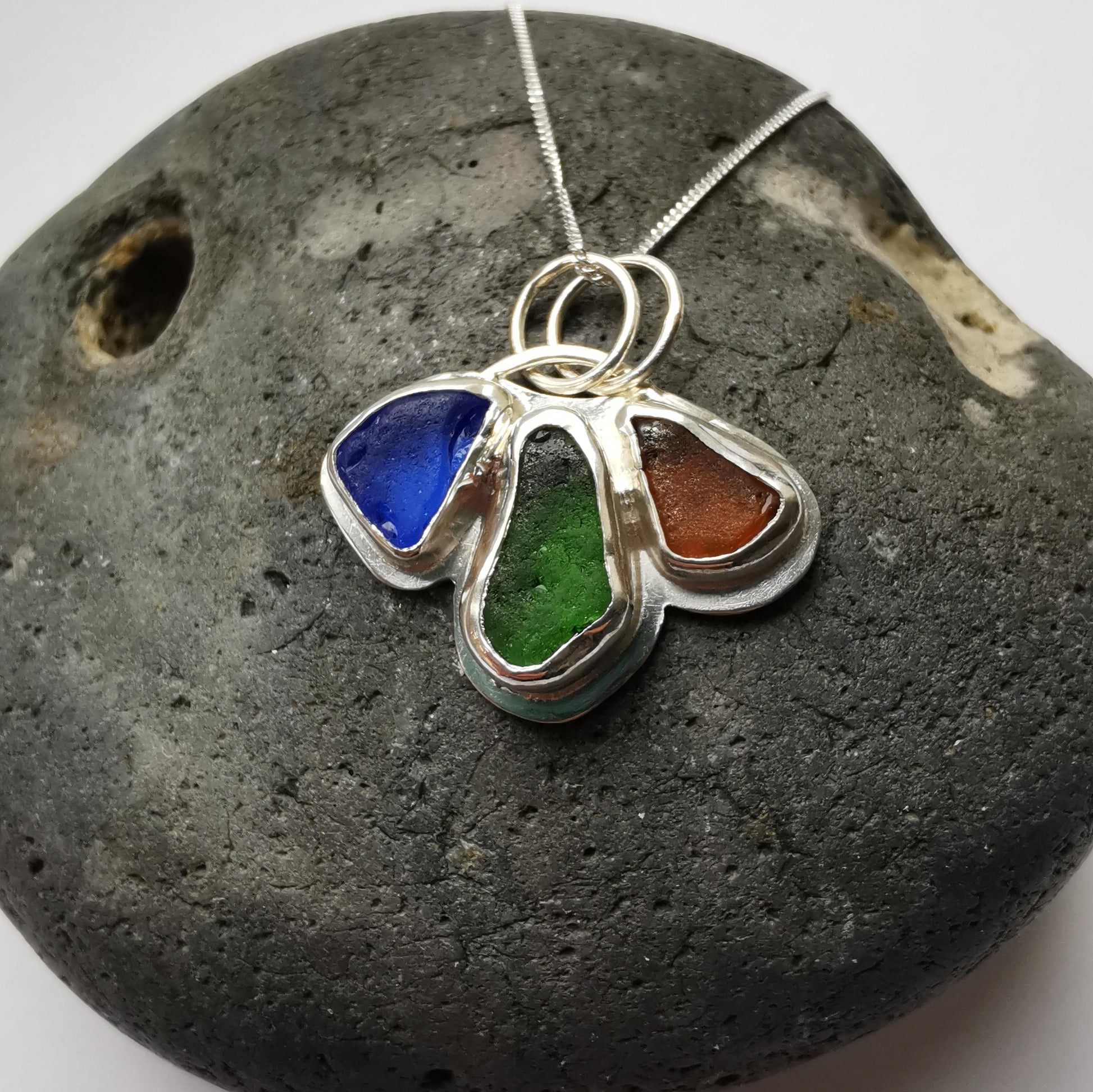 Colbalt, Green & Amber Tri-Colour Seaglass Pendant - Not Lost Jewellery