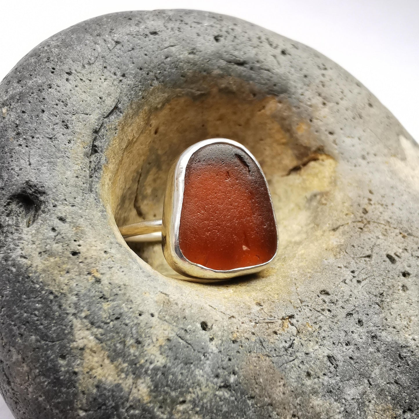 Dark Amber Seaglass & Recycled Sterling Silver Ring Size L - Not Lost Jewellery
