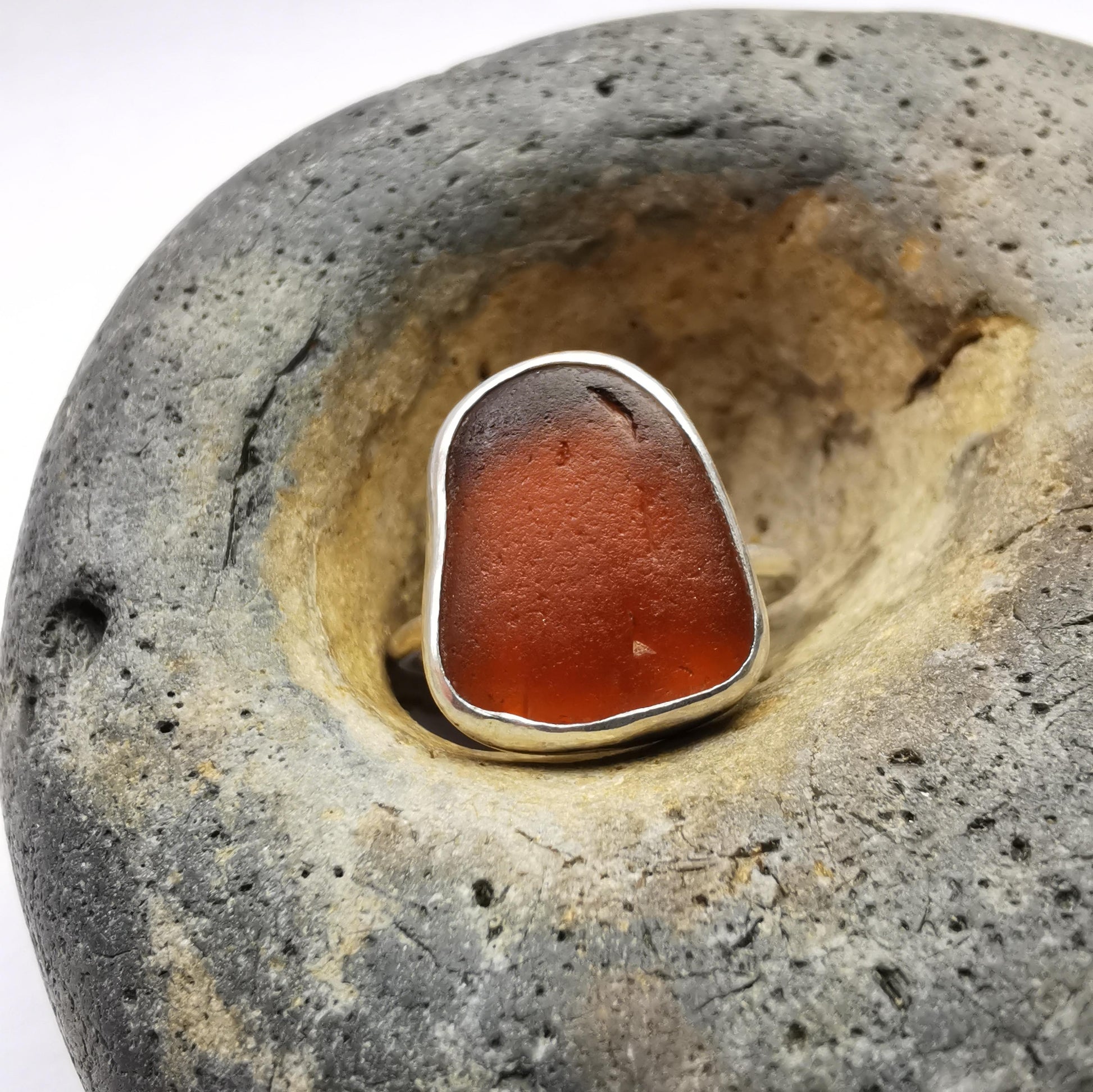 Dark Amber Seaglass & Recycled Sterling Silver Ring Size L - Not Lost Jewellery