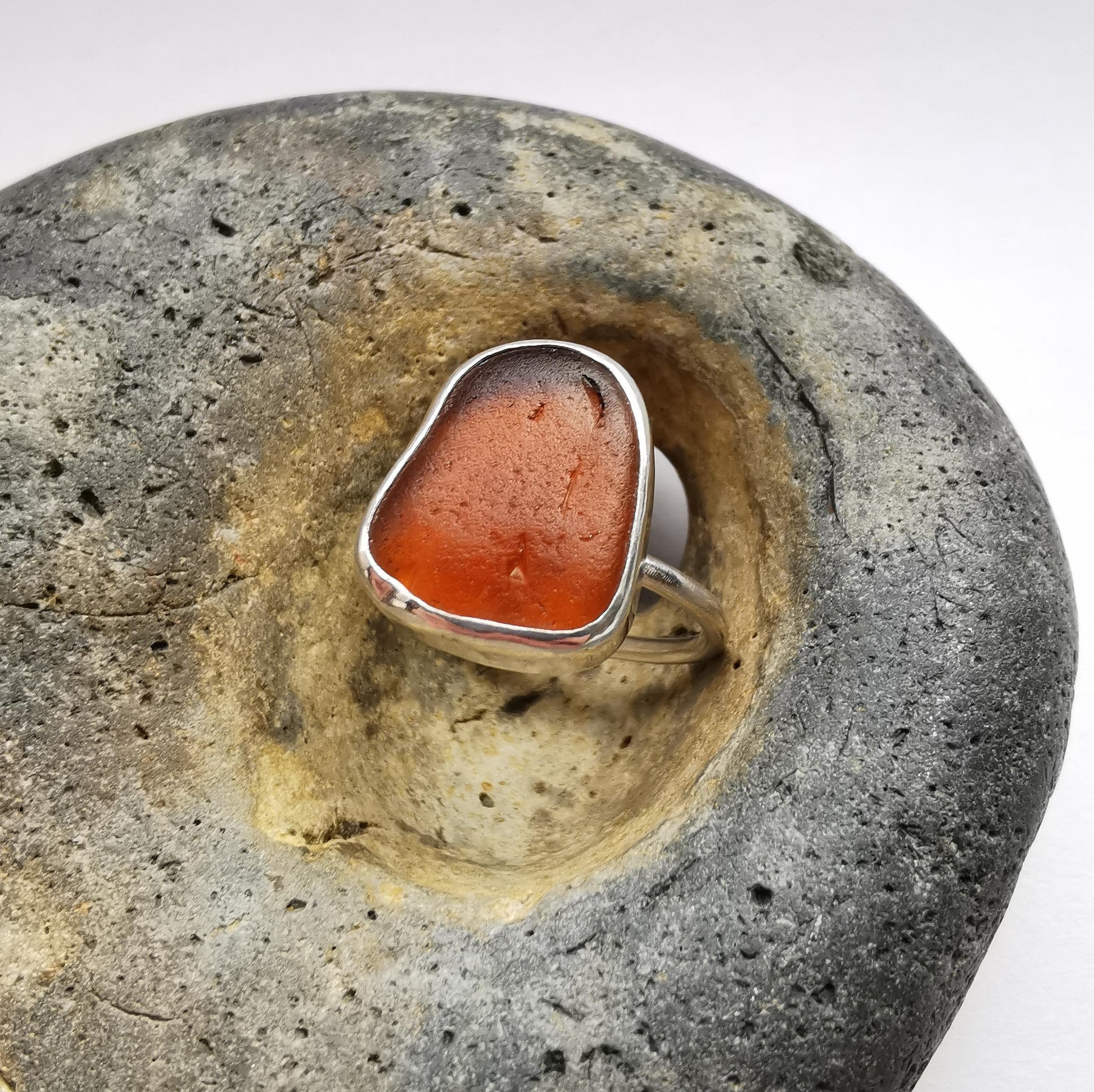 Dark Amber Seaglass & Recycled Sterling Silver Ring Size L - Not Lost Jewellery