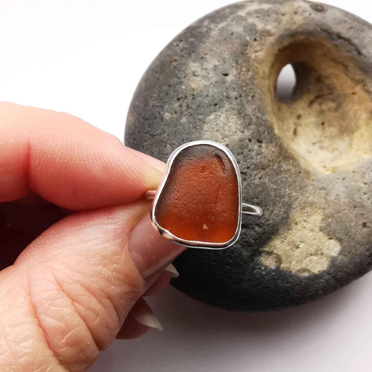 Dark Amber Seaglass & Recycled Sterling Silver Ring Size L - Not Lost Jewellery