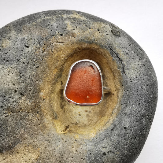 Dark Amber Seaglass & Recycled Sterling Silver Ring Size L - Not Lost Jewellery
