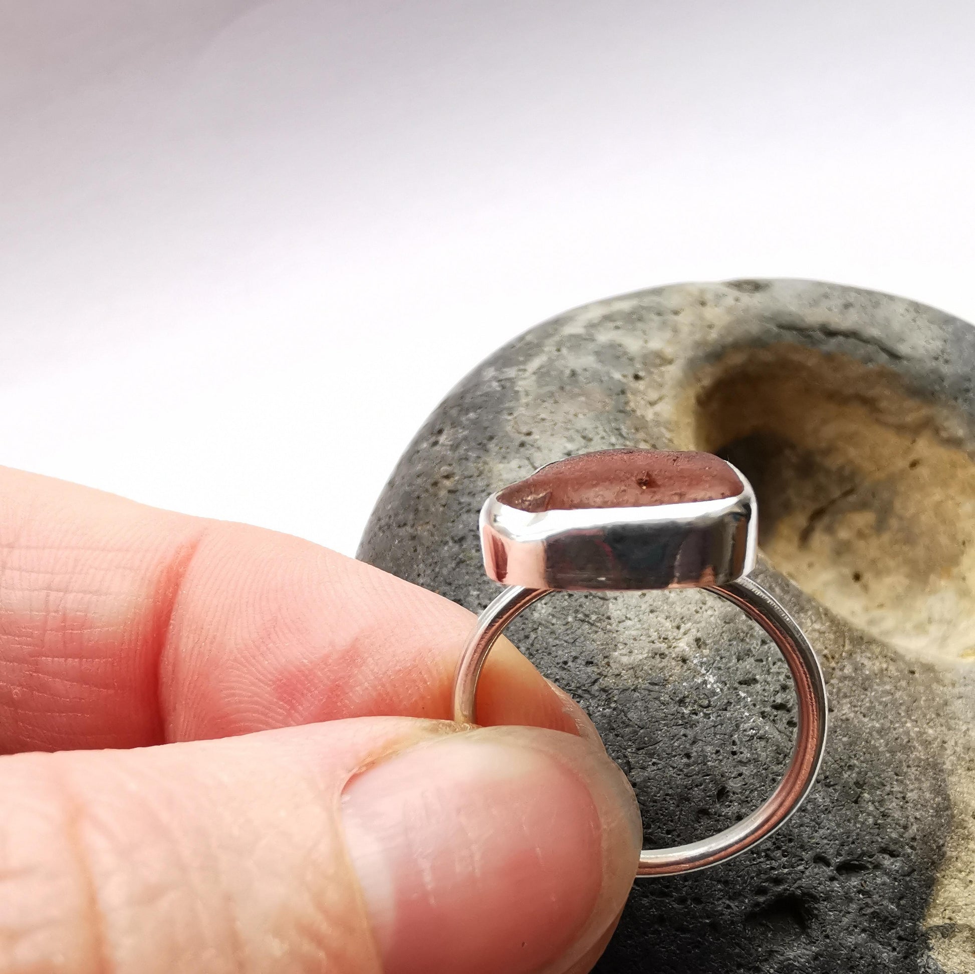 Dark Amber Seaglass & Recycled Sterling Silver Ring Size L - Not Lost Jewellery