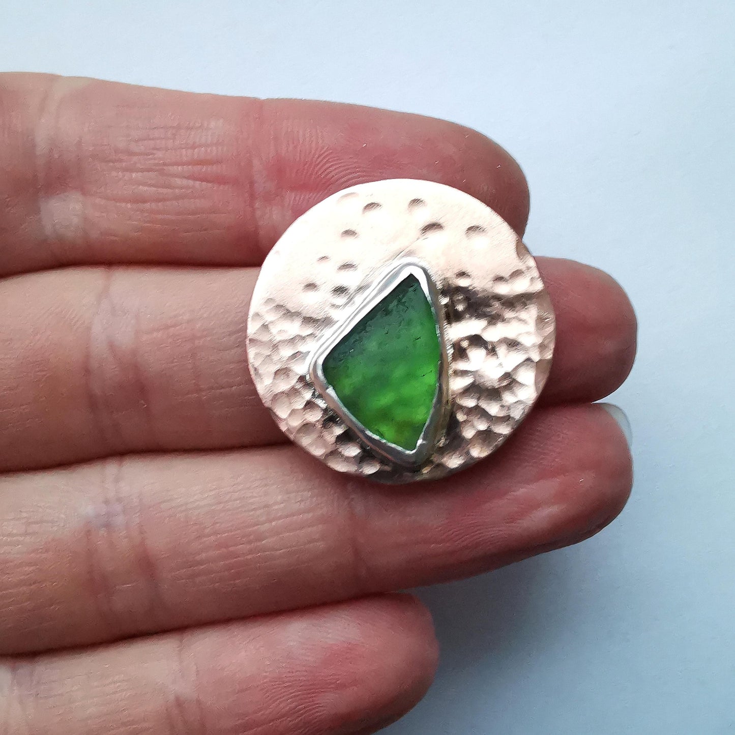Green Seaglass and Textured Copper Stud Earrings - Not Lost Jewellery
