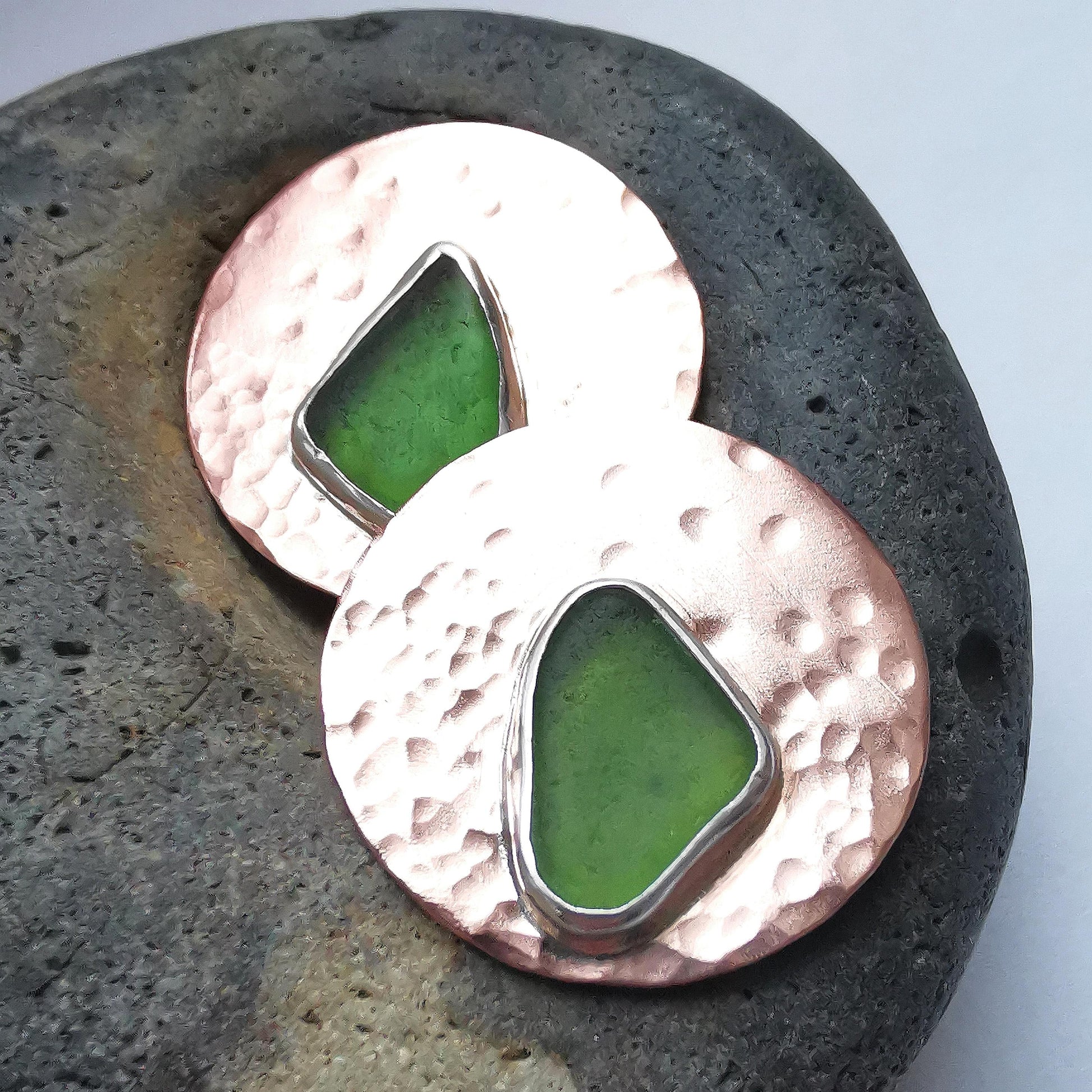 Green Seaglass and Textured Copper Stud Earrings - Not Lost Jewellery