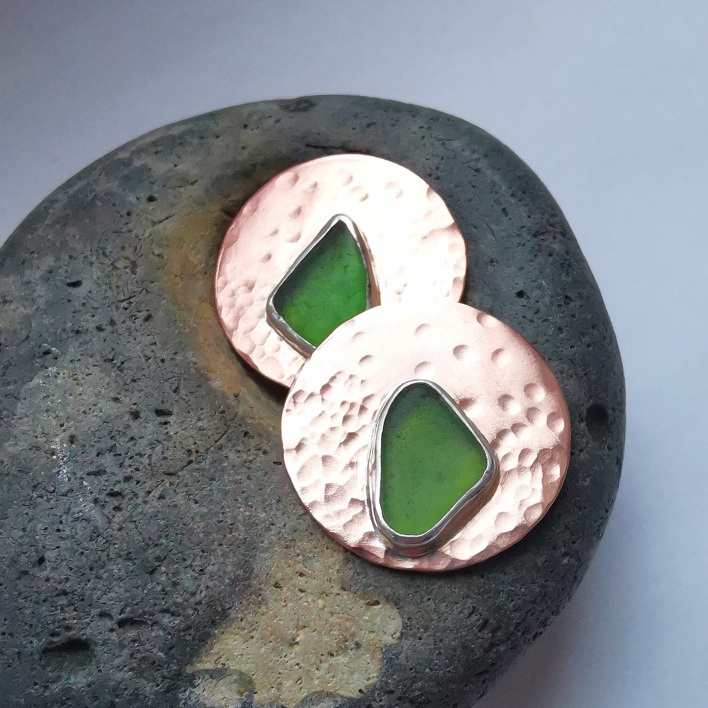 Green Seaglass and Textured Copper Stud Earrings - Not Lost Jewellery