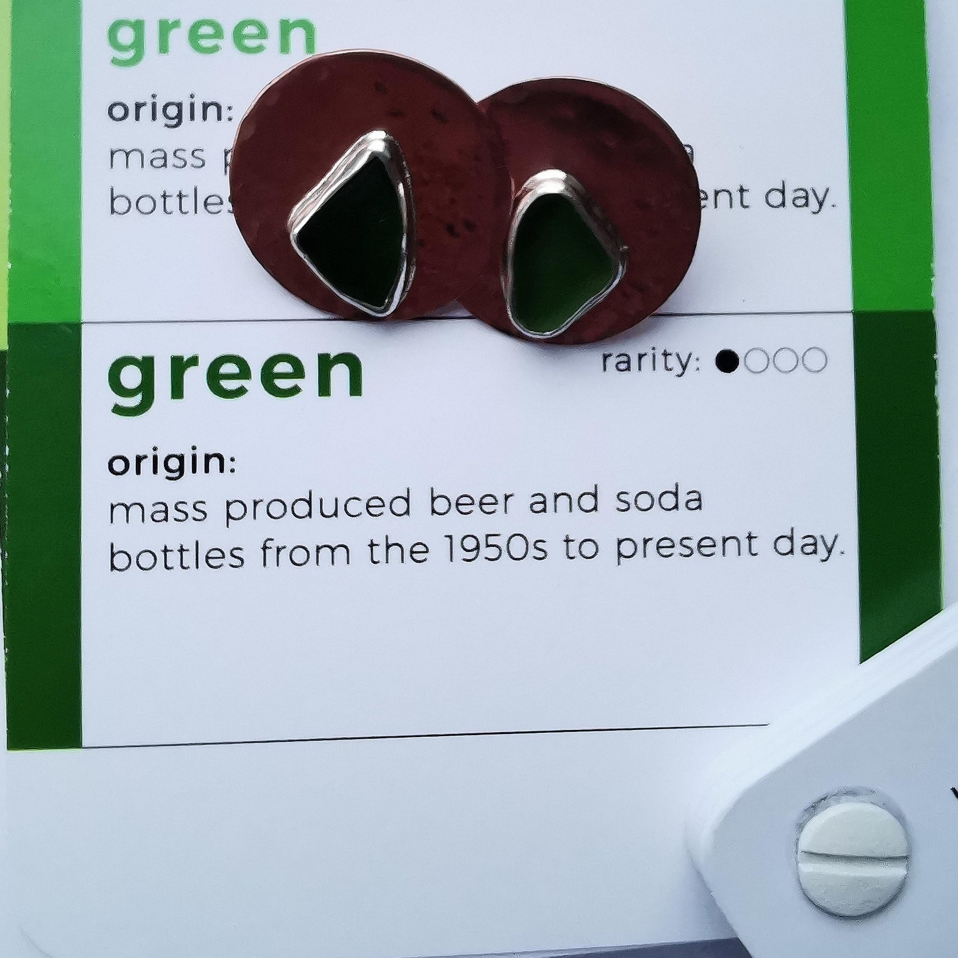 Green Seaglass and Textured Copper Stud Earrings - Not Lost Jewellery