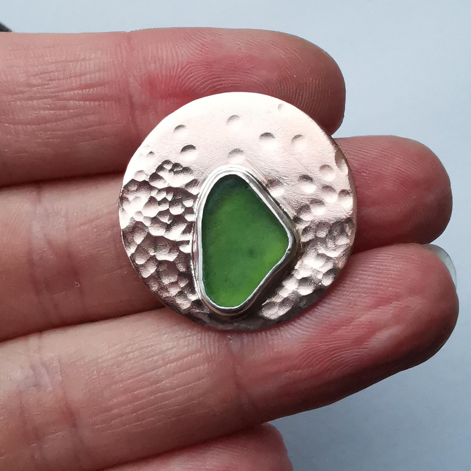 Green Seaglass and Textured Copper Stud Earrings - Not Lost Jewellery