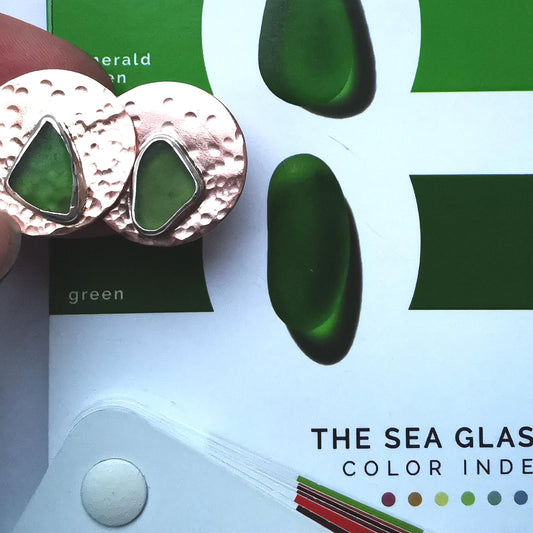 Green Seaglass and Textured Copper Stud Earrings - Not Lost Jewellery
