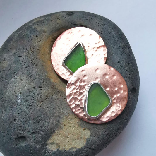 Green Seaglass and Textured Copper Stud Earrings - Not Lost Jewellery