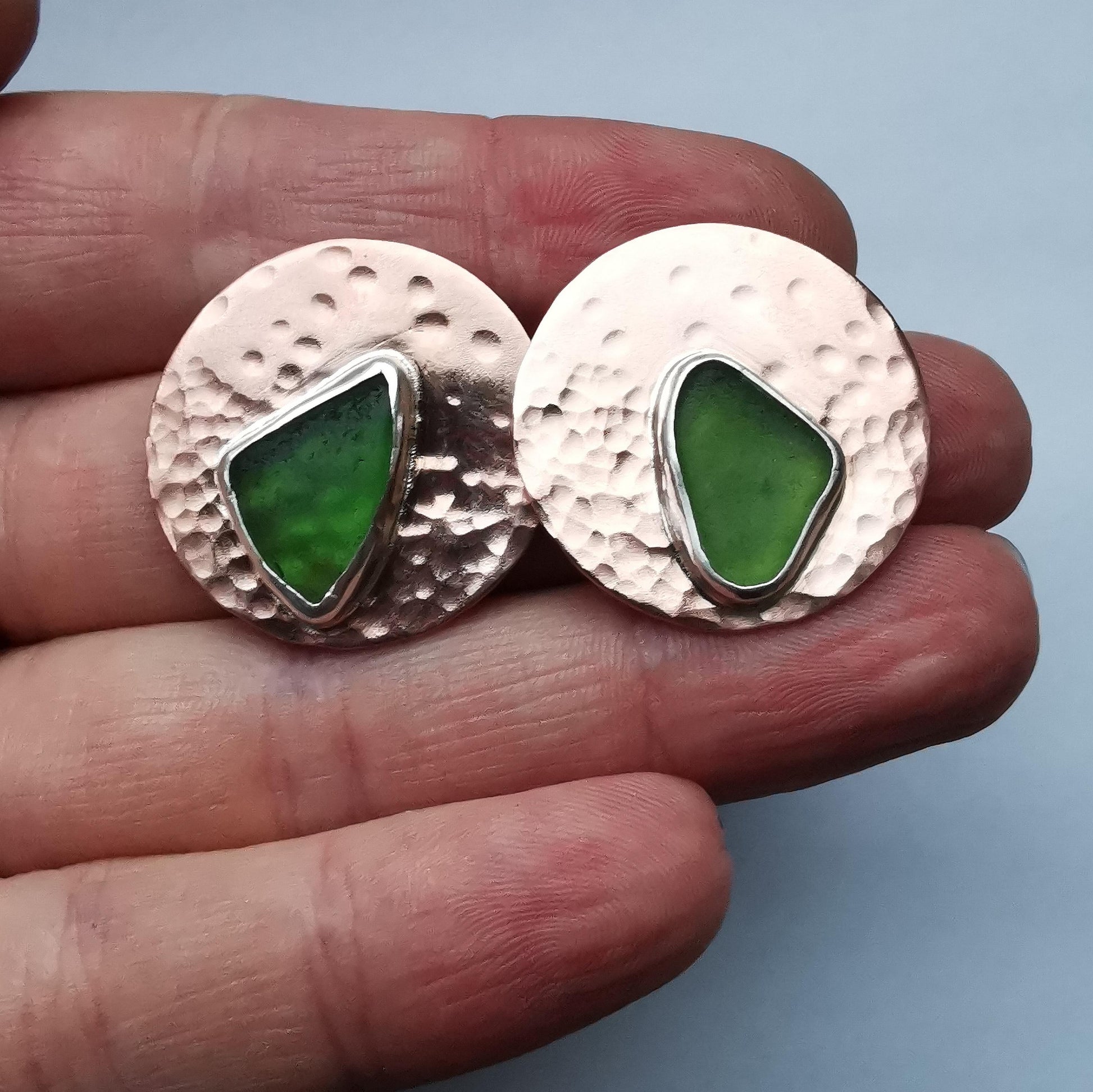 Green Seaglass and Textured Copper Stud Earrings - Not Lost Jewellery
