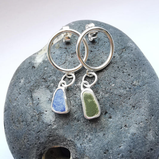 Recycled Sterling Silver Circle Studs with Sea Pottery Dangles - Not Lost Jewellery