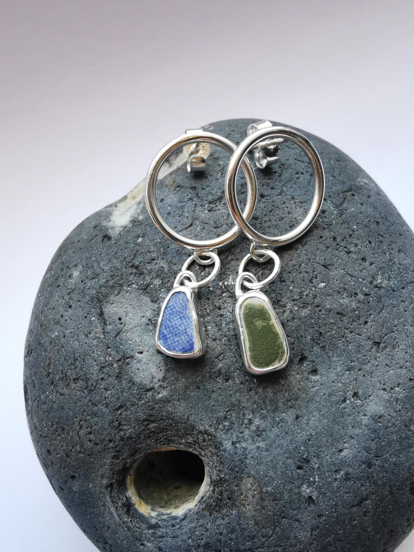 Recycled Sterling Silver Circle Studs with Sea Pottery Dangles - Not Lost Jewellery